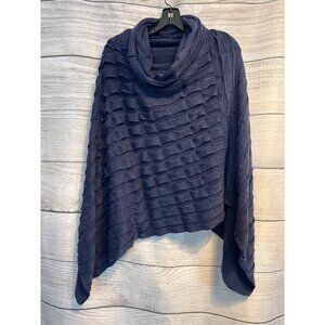 Navy Blue Textured Knit Poncho With Cowl Neckline O/S